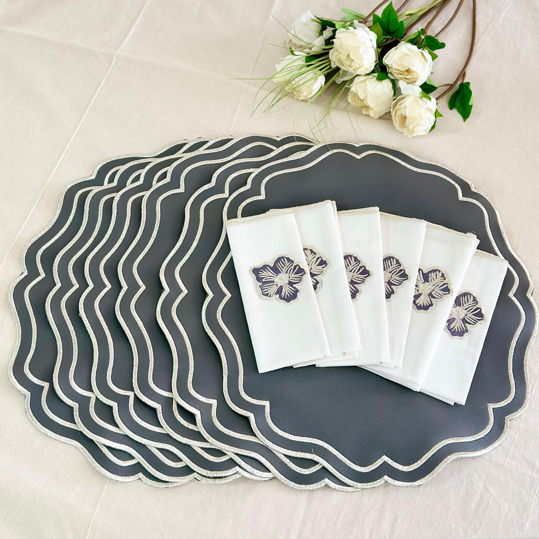 6 sets de table ovales gris 42x38cm + 6 serviettes 36x36cm