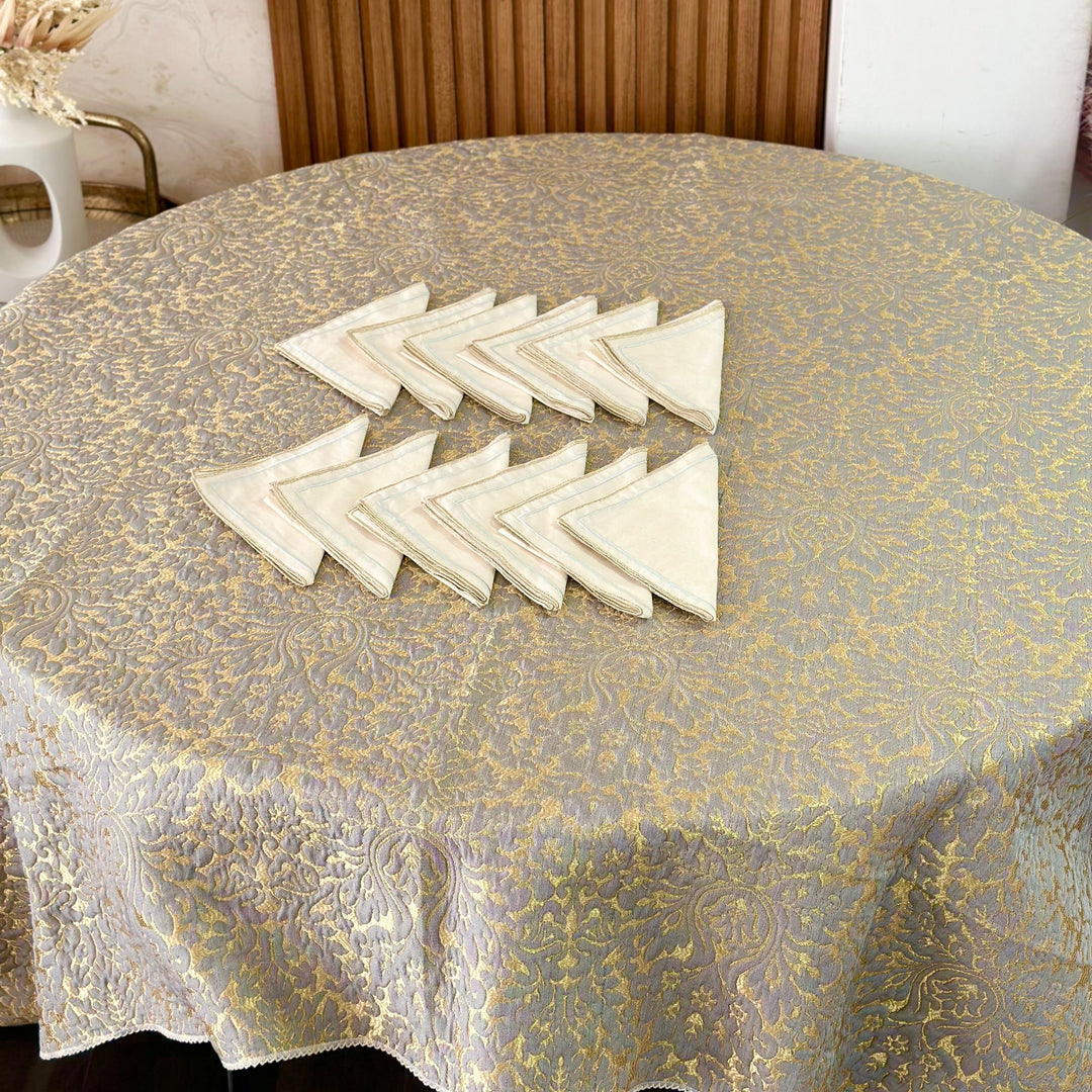 Nappe en brocard gris 150cm + 12 serviettes 36x36cm