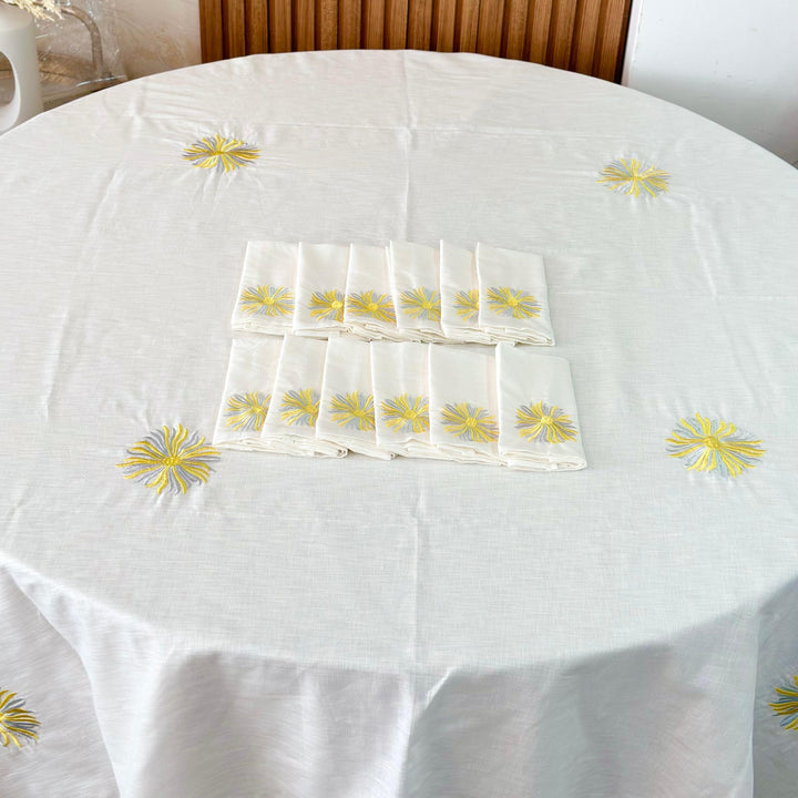 Nappe en lin fleur jaune 150cm + 12 serviettes 34x34cm