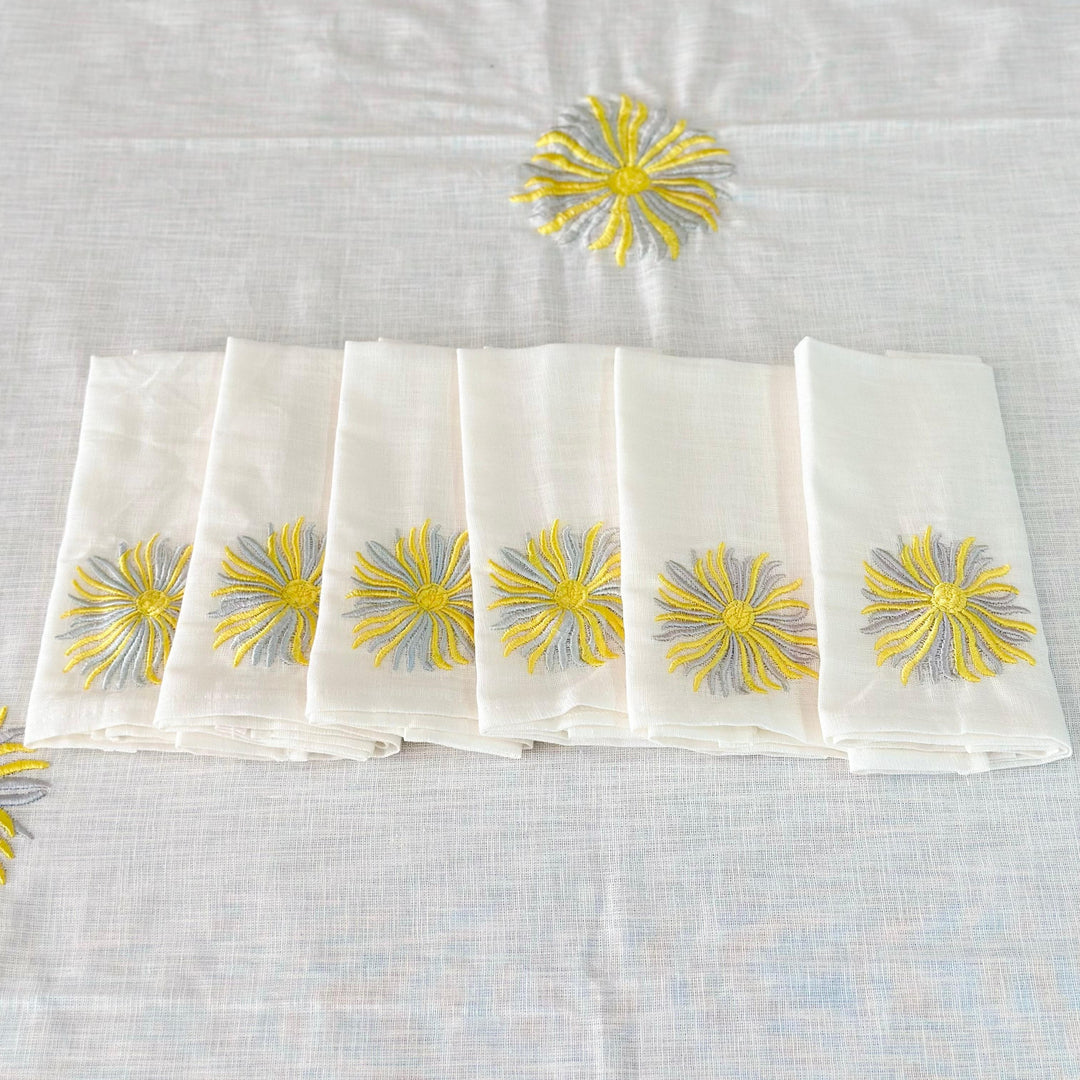 Nappe en lin fleur jaune 150cm + 12 serviettes 34x34cm