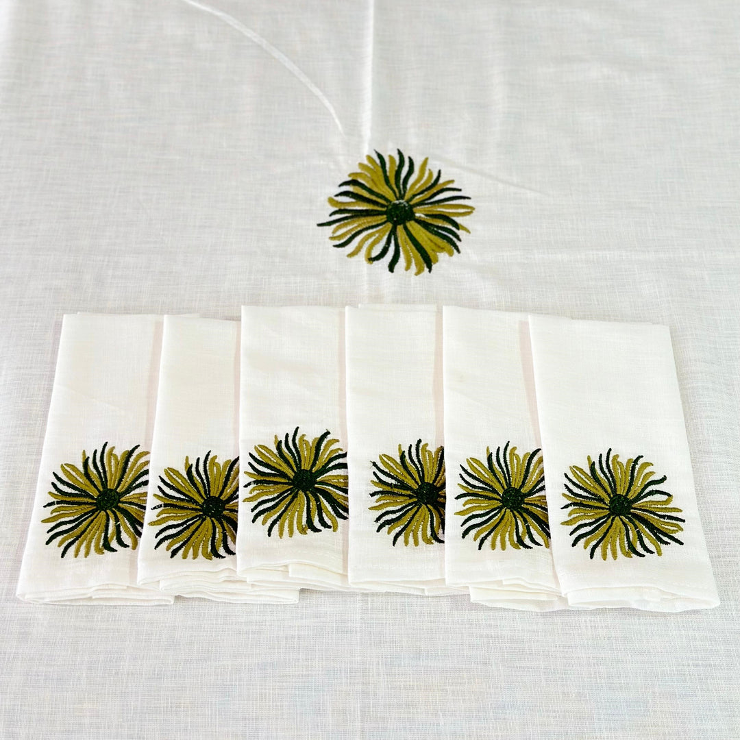 Nappe en lin fleur vert 150cm + 12 serviettes 34x34cm