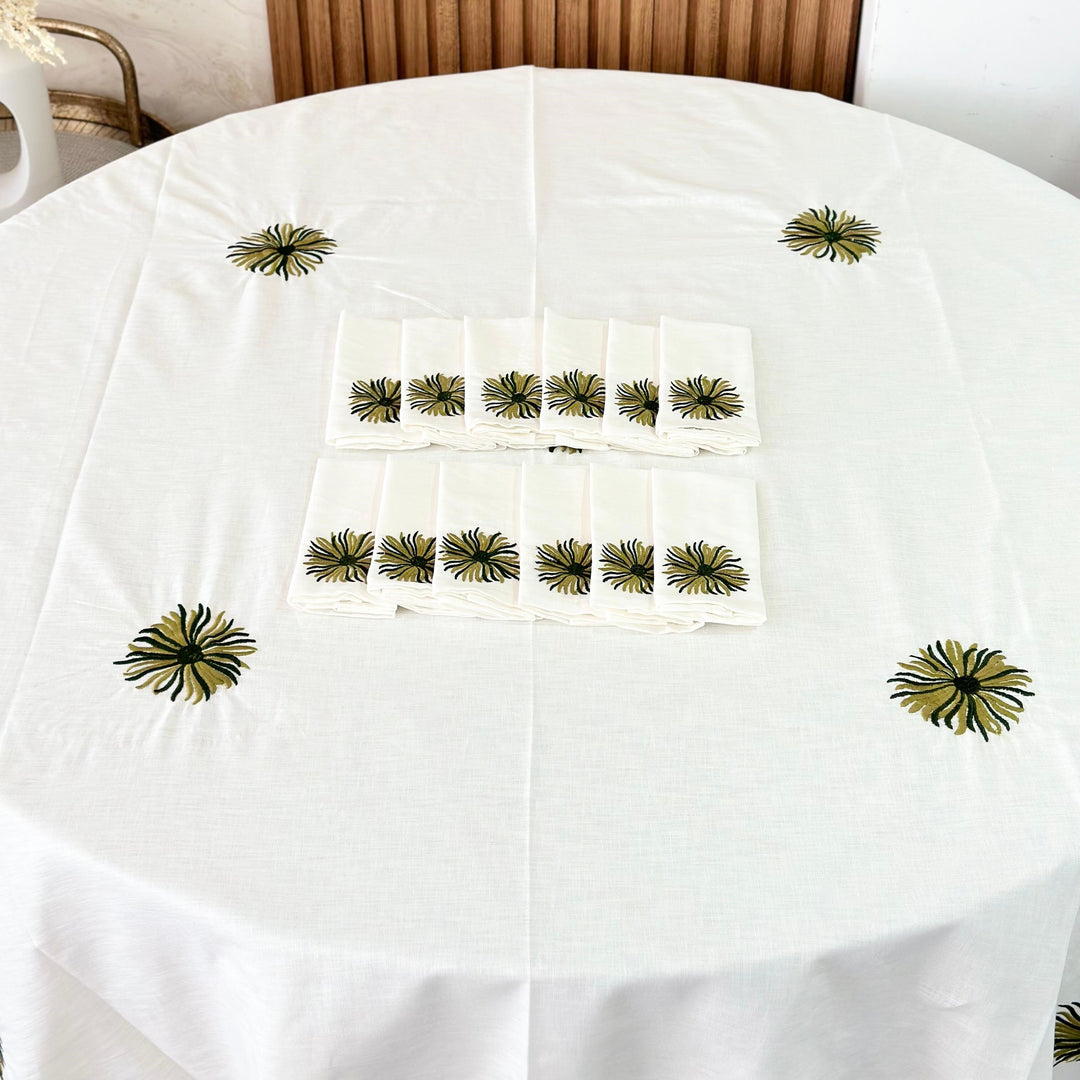 Nappe en lin fleur vert 150cm + 12 serviettes 34x34cm