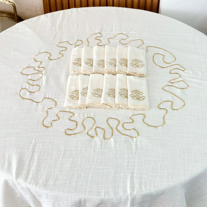 Nappe en lin zigzag 150cm + 12 serviettes 36x34cm