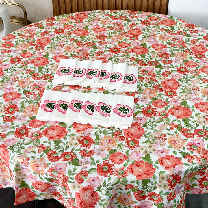 Nappe fleurie 150cm + 12 serviettes 34x34cm