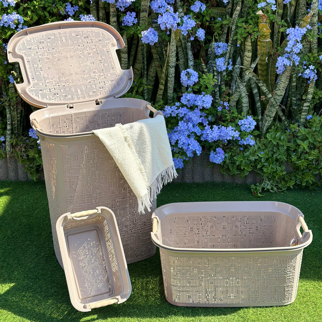 Set 3 paniers à linge en plastique 60L + 30L + 7L