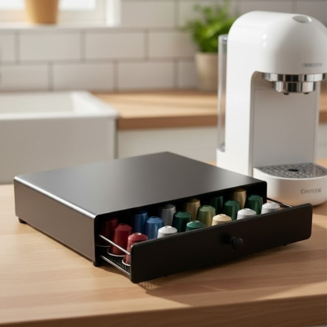 Boîte à capsules avec tiroir en métal 32x31x7cm