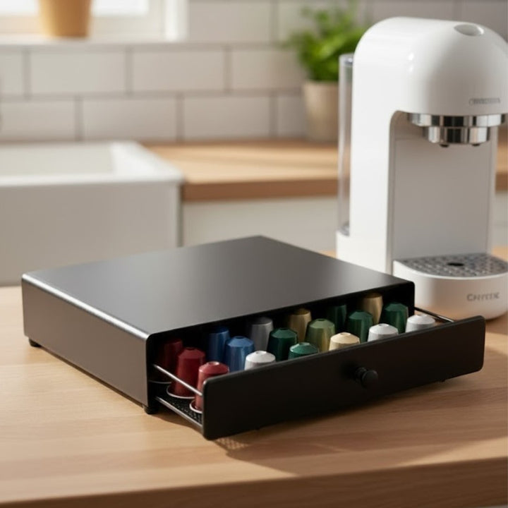 Boîte à capsules avec tiroir en métal 32x31x7cm