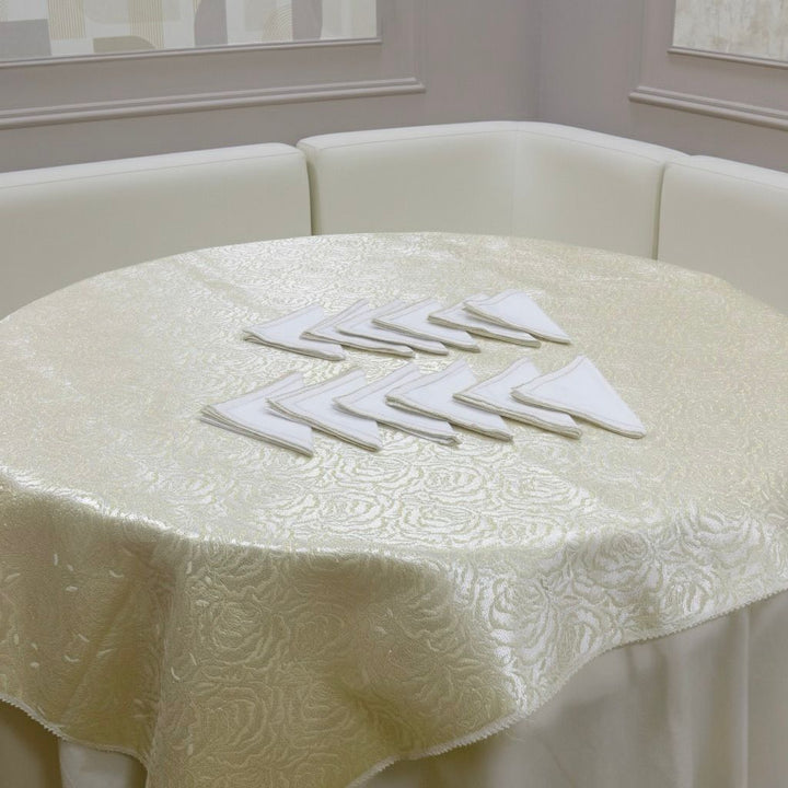 Nappe en brocard blanc ivoire 150cm + 12 serviettes 36x36cm