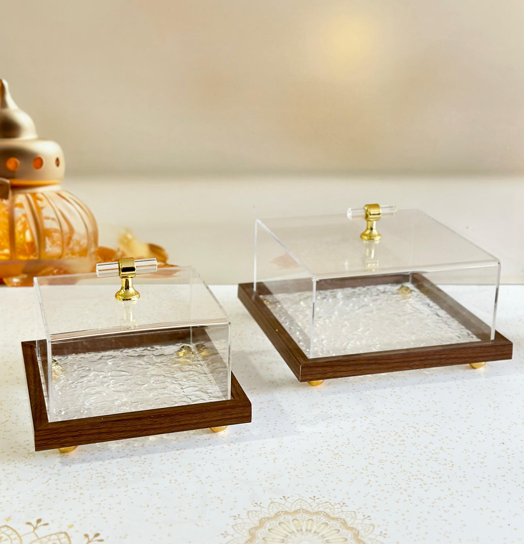 Set 2 présentoirs avec couvercle en plexiglass  17cm + 21cm