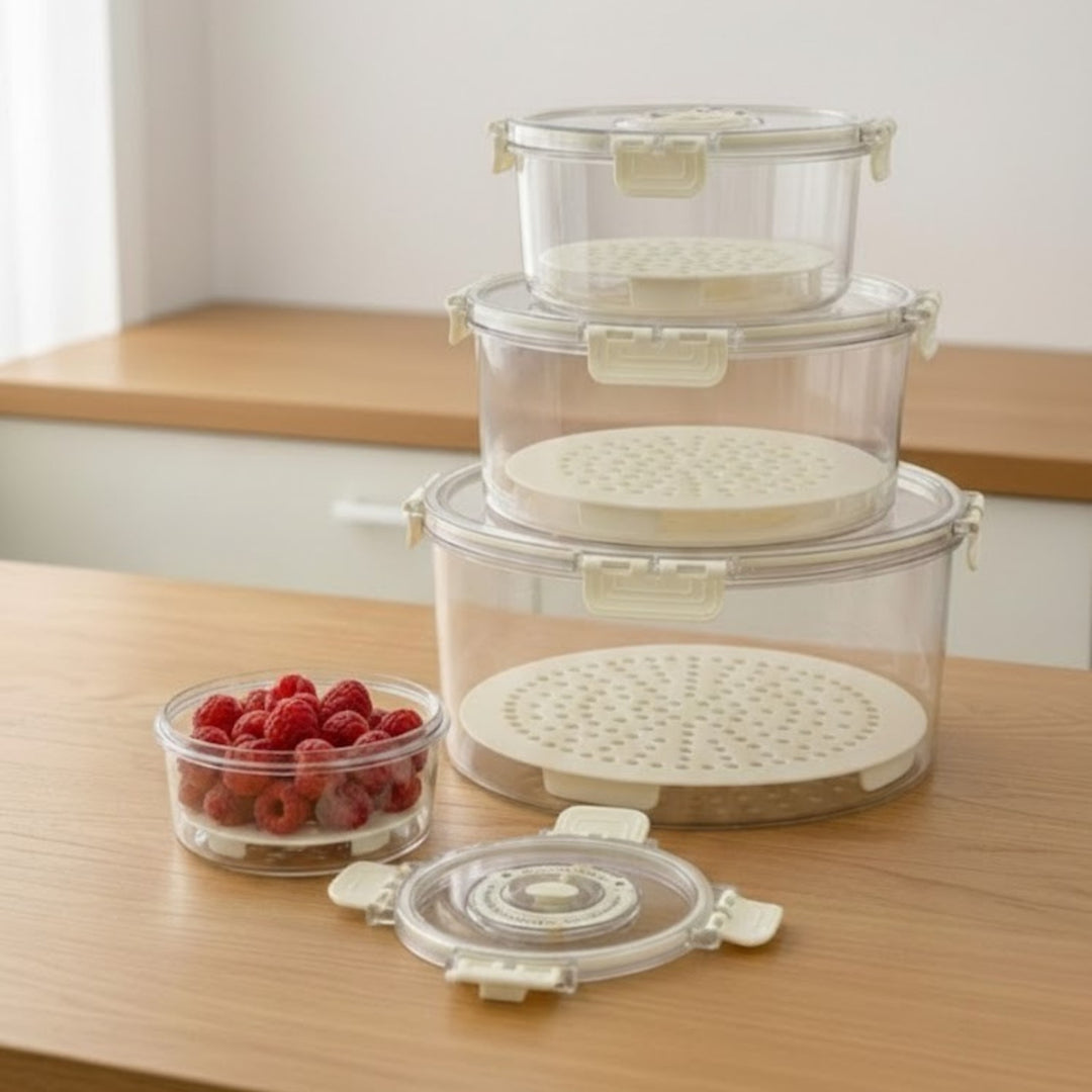 Set 4 boîtes réfrigérateur rondes en plexiglass 14cm + 19cm + 24cm + 29cm