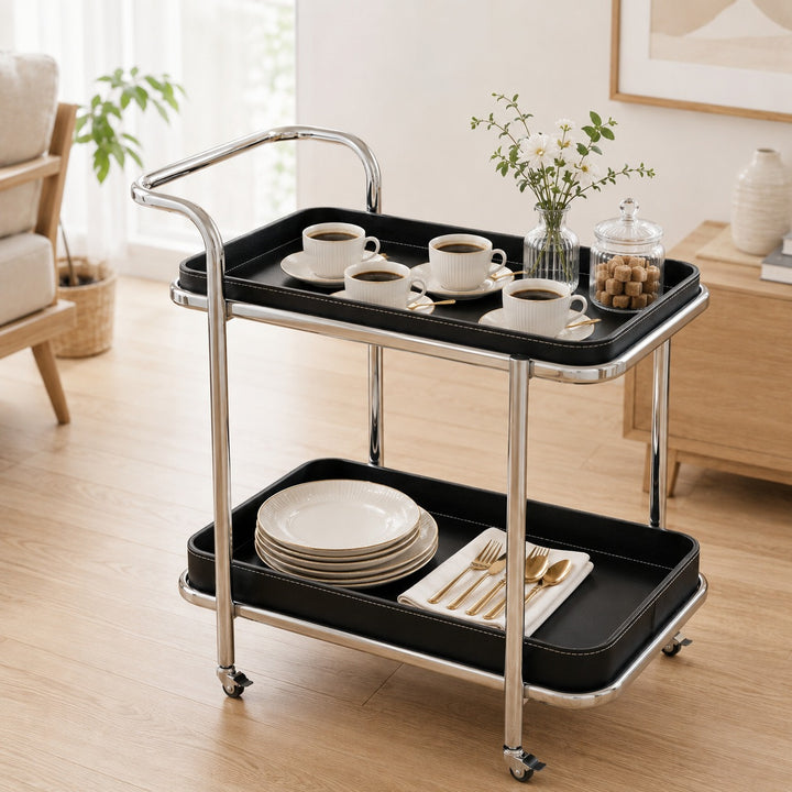 Chariot rectangulaire 2 niveaux 57x38x66cm en simili cuir modèle 2