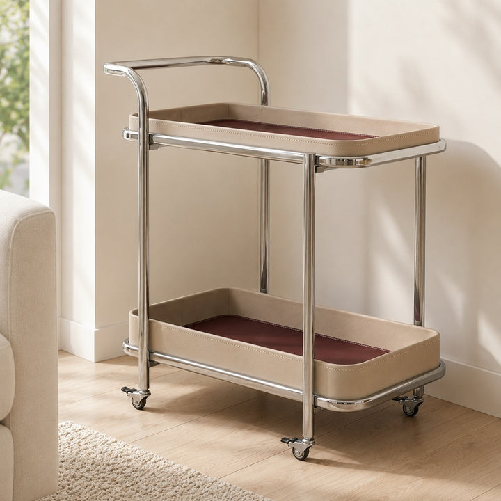 Chariot rectangulaire 2 niveaux 57x38x66cm en simili cuir modèle 2