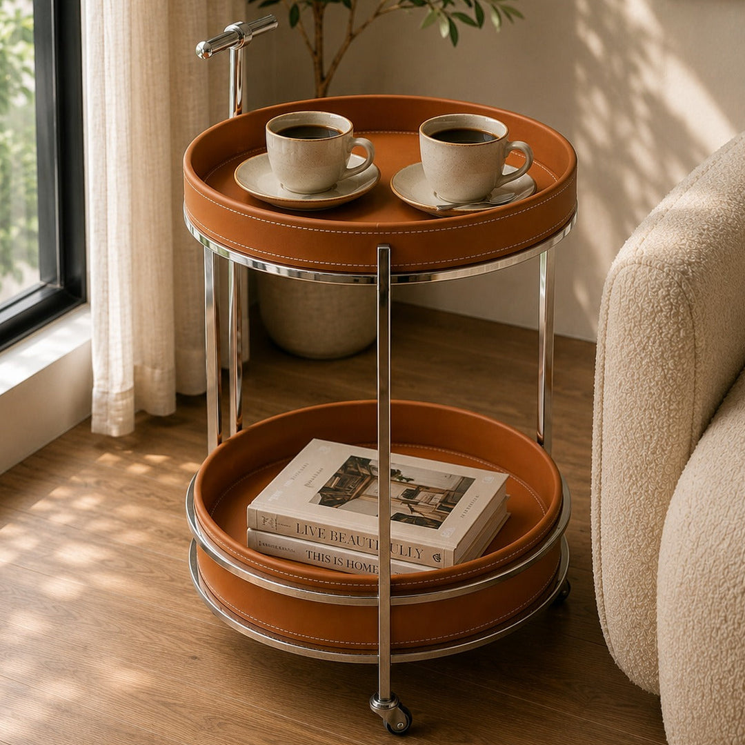 Chariot rond 2 niveaux 39x65cm en simili cuir modèle 2