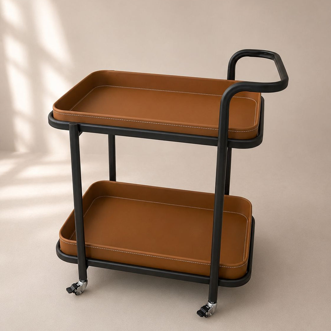 Chariot rectangulaire 2 niveaux 57x38x66cm en simili cuir modèle 1