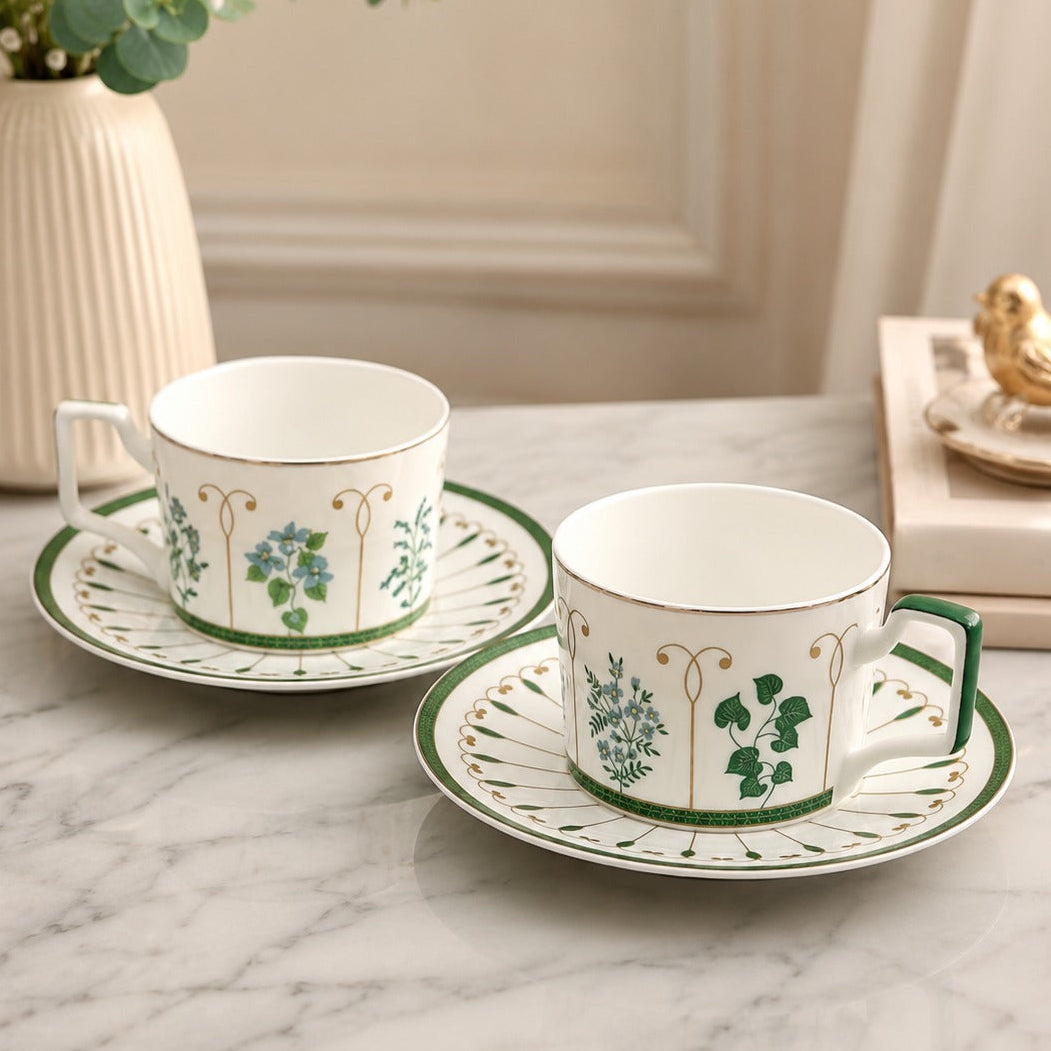 Set 2 Tasses 8x6cm + 6 Sous Tasses 15cm Herbier