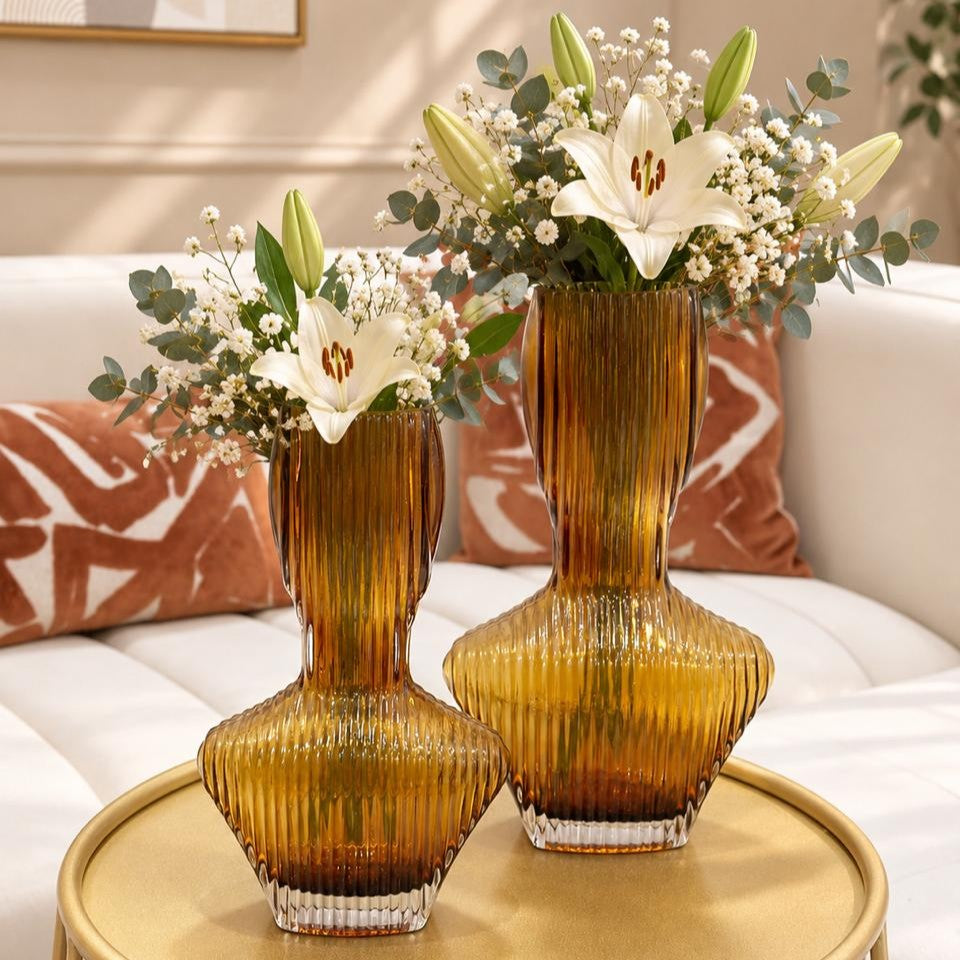 Set 2 vases en verre marron 27cm + 32cm