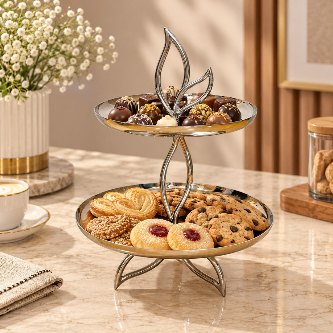 Présentoir gâteaux rond 2 niveaux en inox argenté 20cm / 25cm