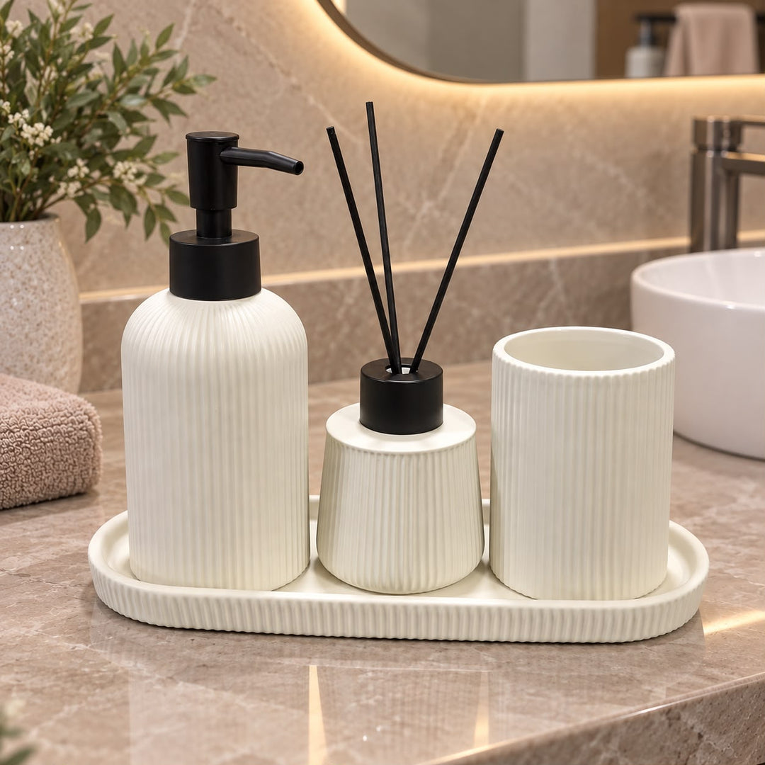 Set 3 accessoires salle de bain + plateaux en céramique