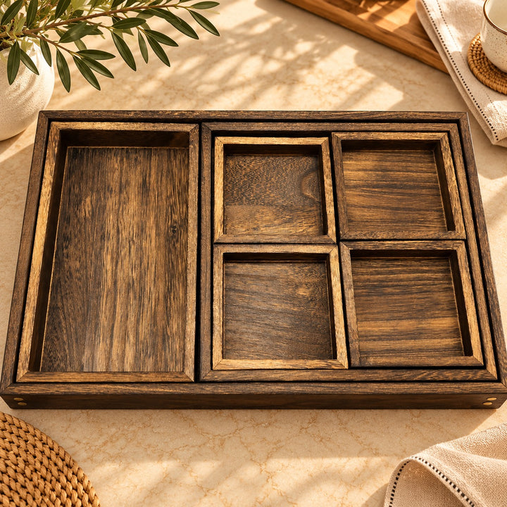Set 7 plateaux en bois 45cm + 27cm + 27cm + 4x12cm