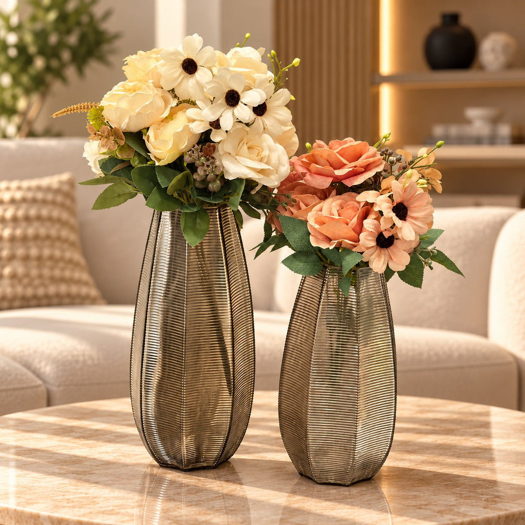 Set 2 vases en verre 30cm + 35cm + 3 bouquets de fleurs artificielles 9 têtes 45cm