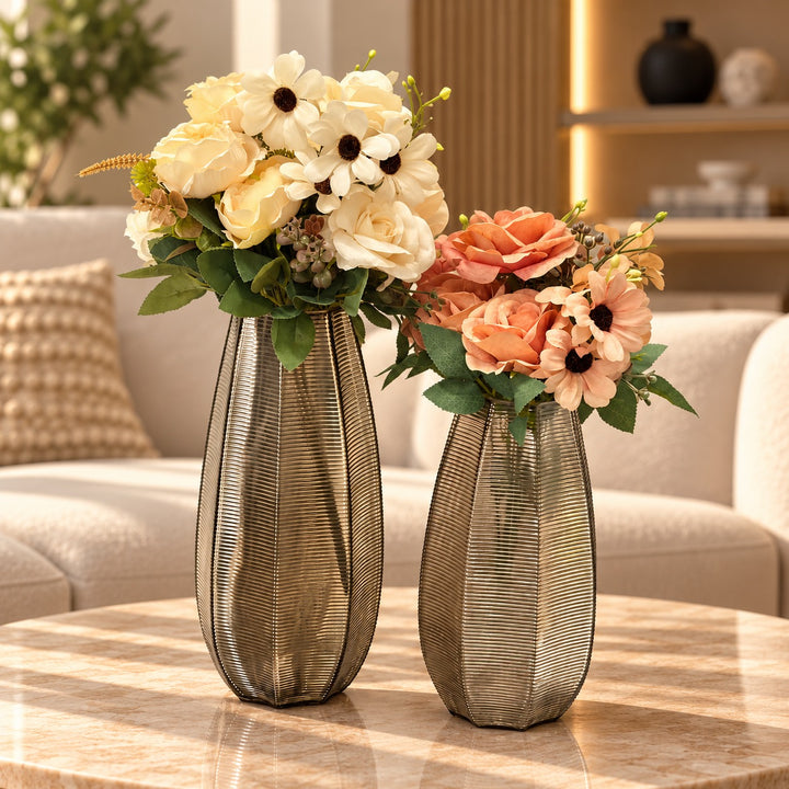 Set 2 vases en verre 30cm + 35cm + 3 bouquets de fleurs artificielles 9 têtes 45cm