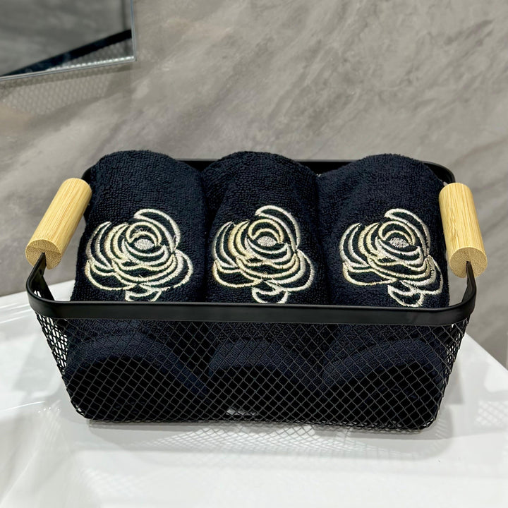 Set 3 serviettes fleur 30cm + panier en métal 23x17x10cm
