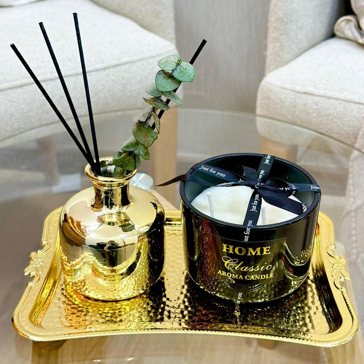 Coffret de plateau en métal 25cm + bougie 11cm + diffuseur 9cm