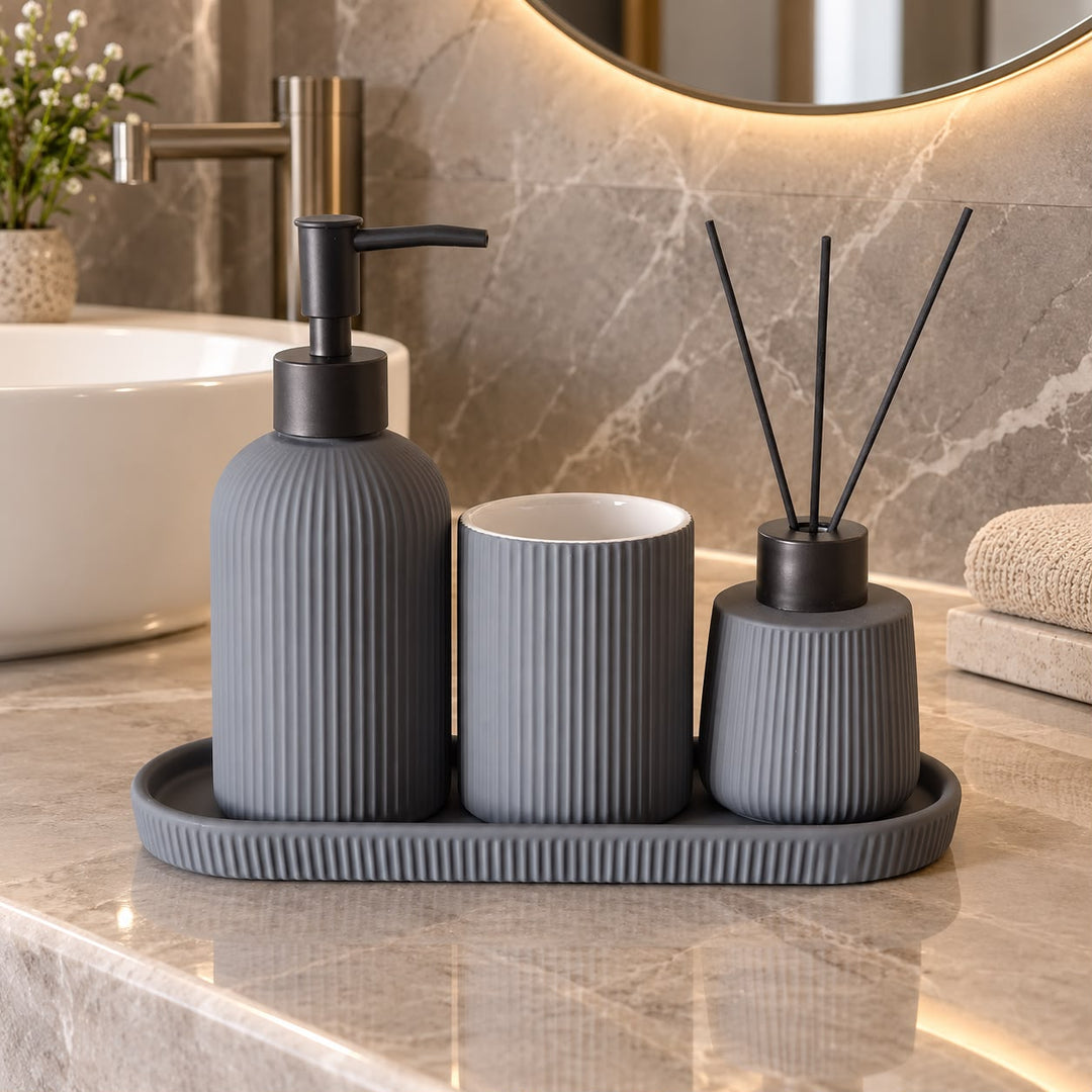 Set 3 Accessoires Salle de Bain + Plateaux en Céramique