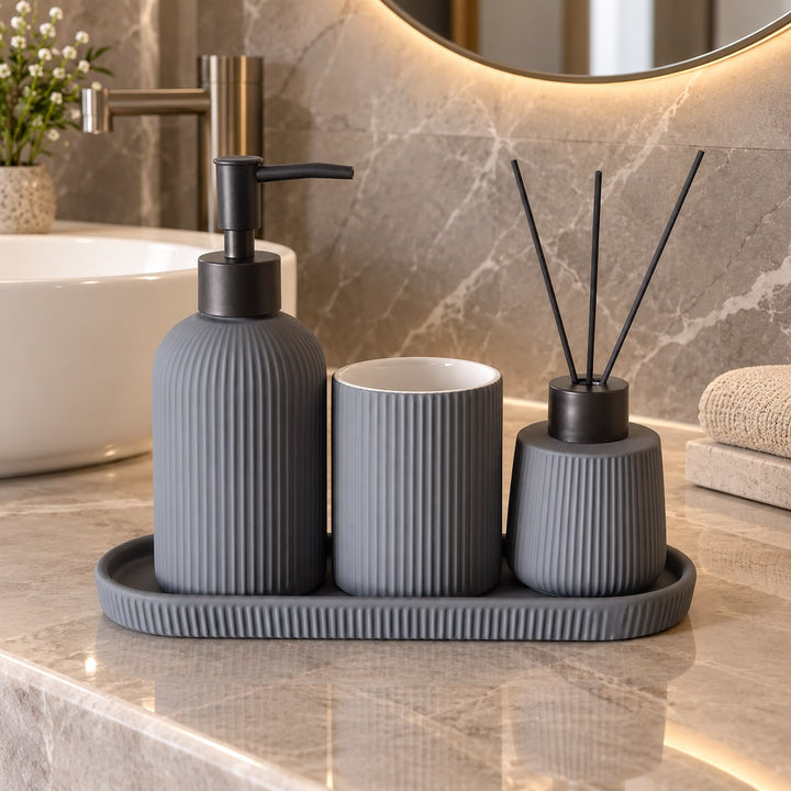 Set 3 Accessoires Salle de Bain + Plateaux en Céramique