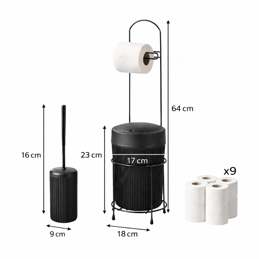 Set porte papier 64cm + poubelle 17cm + brosse 16cm + papier toilette 9pcs