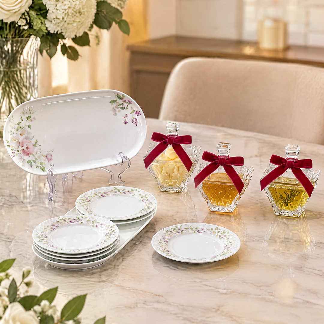 Set cake en porcelaine Lavender 8pcs + 3 Bonbonnières en verre 11cm gratuites