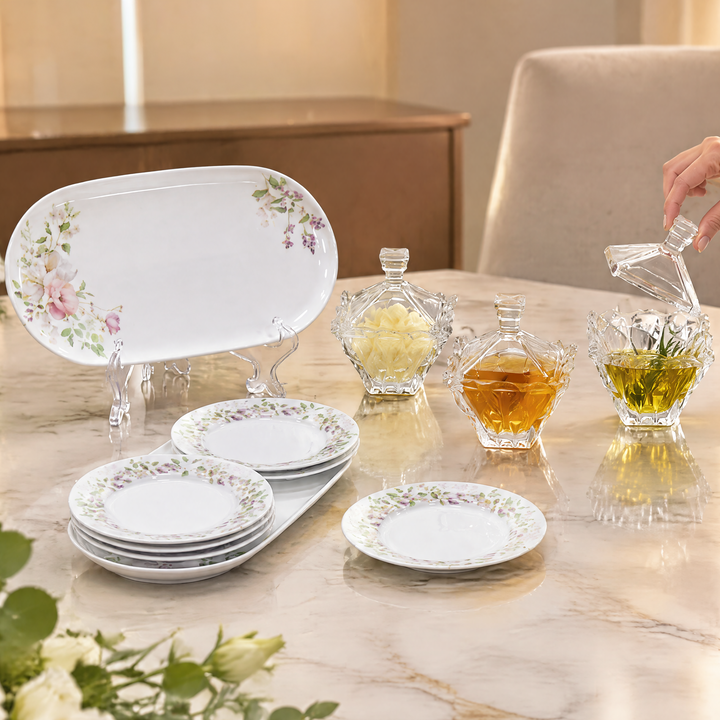 Set cake en porcelaine Lavender 8pcs + 3 Bonbonnières en verre 11cm gratuites
