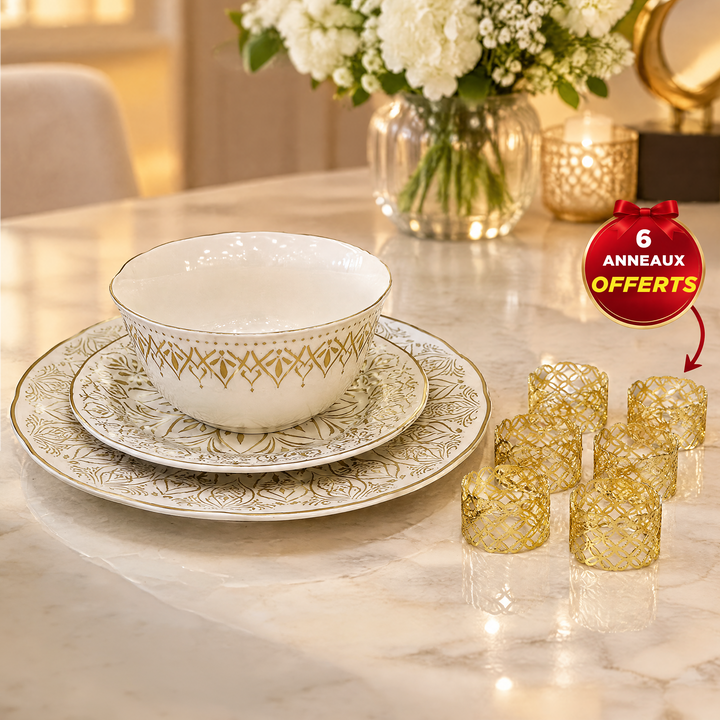 Service de table Lyana 18pcs + 6 anneaux serviettes dorés gratuits