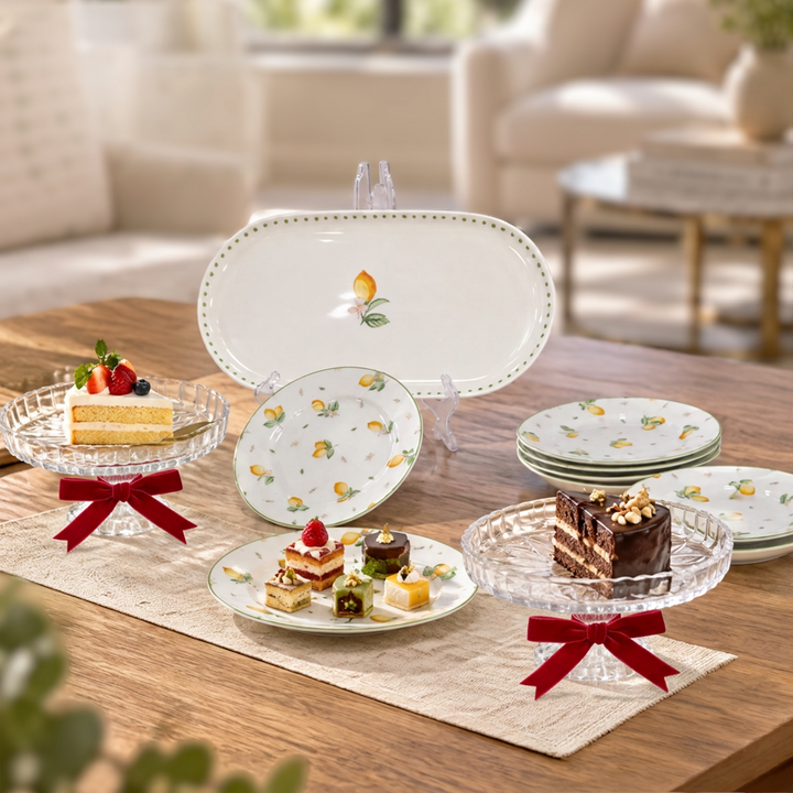 Set cake en porcelaine Lemon 8pcs + 2 présentoirs en verre 16cm gratuits