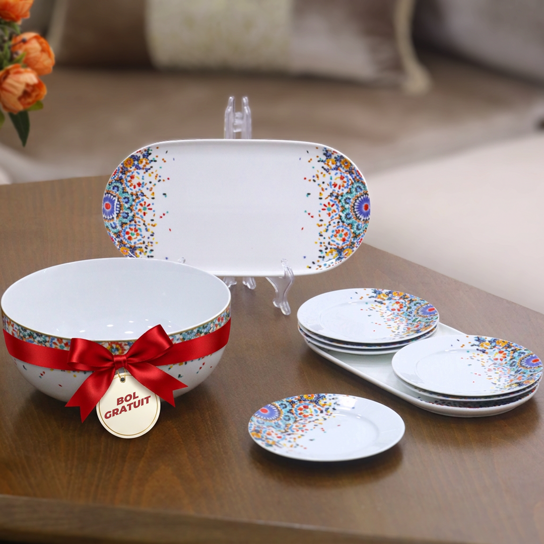 Set cake en porcelaine Zellij 8pcs + Saladier 24cm gratuit