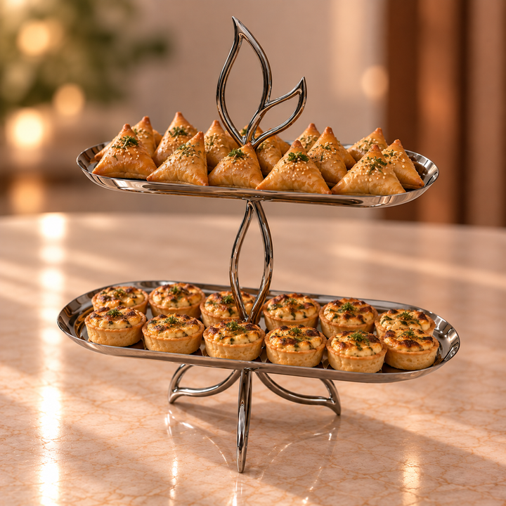 Présentoir gâteaux ovale 2 niveaux en inox argenté 24cm / 30cm