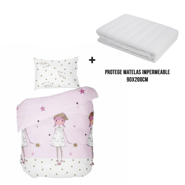 Parure de Lit 1 Place 150x215cm / 50x70cm + protège matelas imperméable 90x200cm