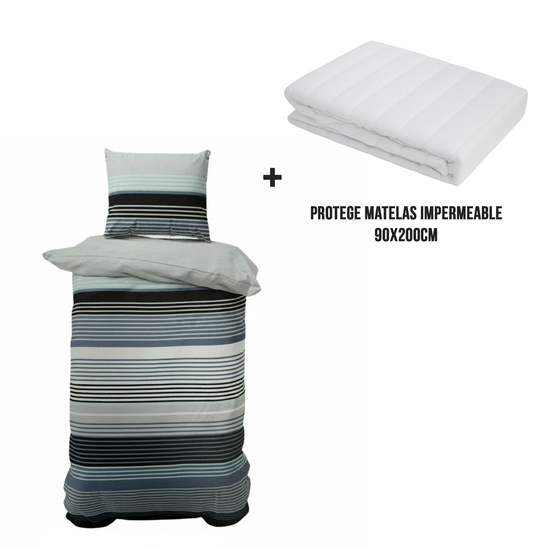 Parure de Lit 1 Place 150x215cm / 50x70cm + protège matelas imperméable 90x200cm