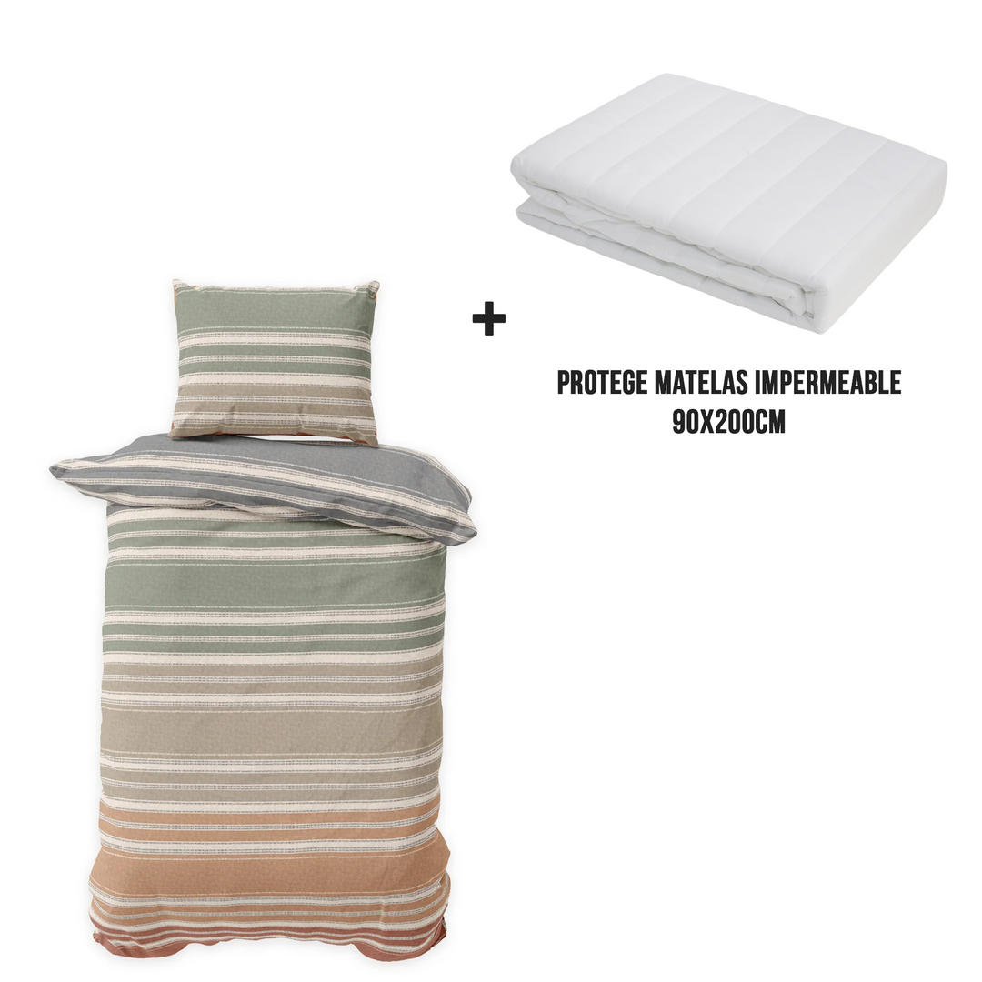 Parure de Lit 1 Place 150x215cm / 50x70cm + protège matelas imperméable 90x200cm