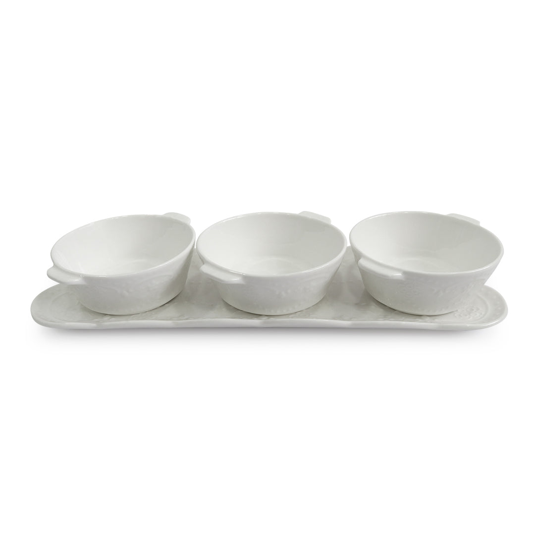 Set 3 ramequins ronds 11,50cm + plat rectangulaire 37cm