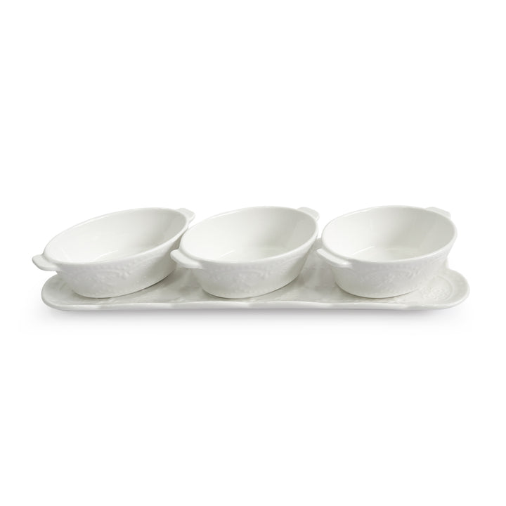 Set 3 ramequins ovales 13cm + plat rectangulaire 37cm