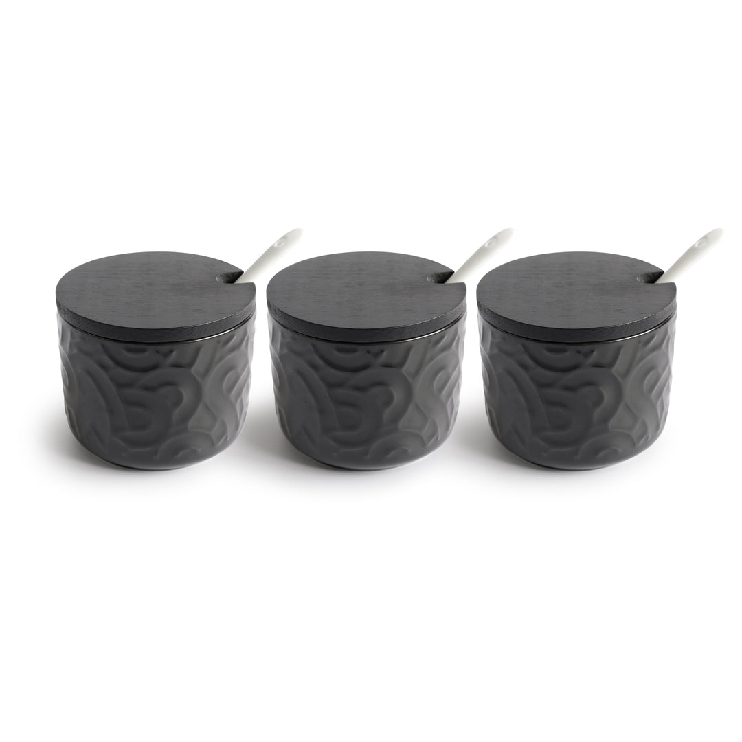 Set 3 pots en porcelaine avec couvercle en bois et 3 cuillères