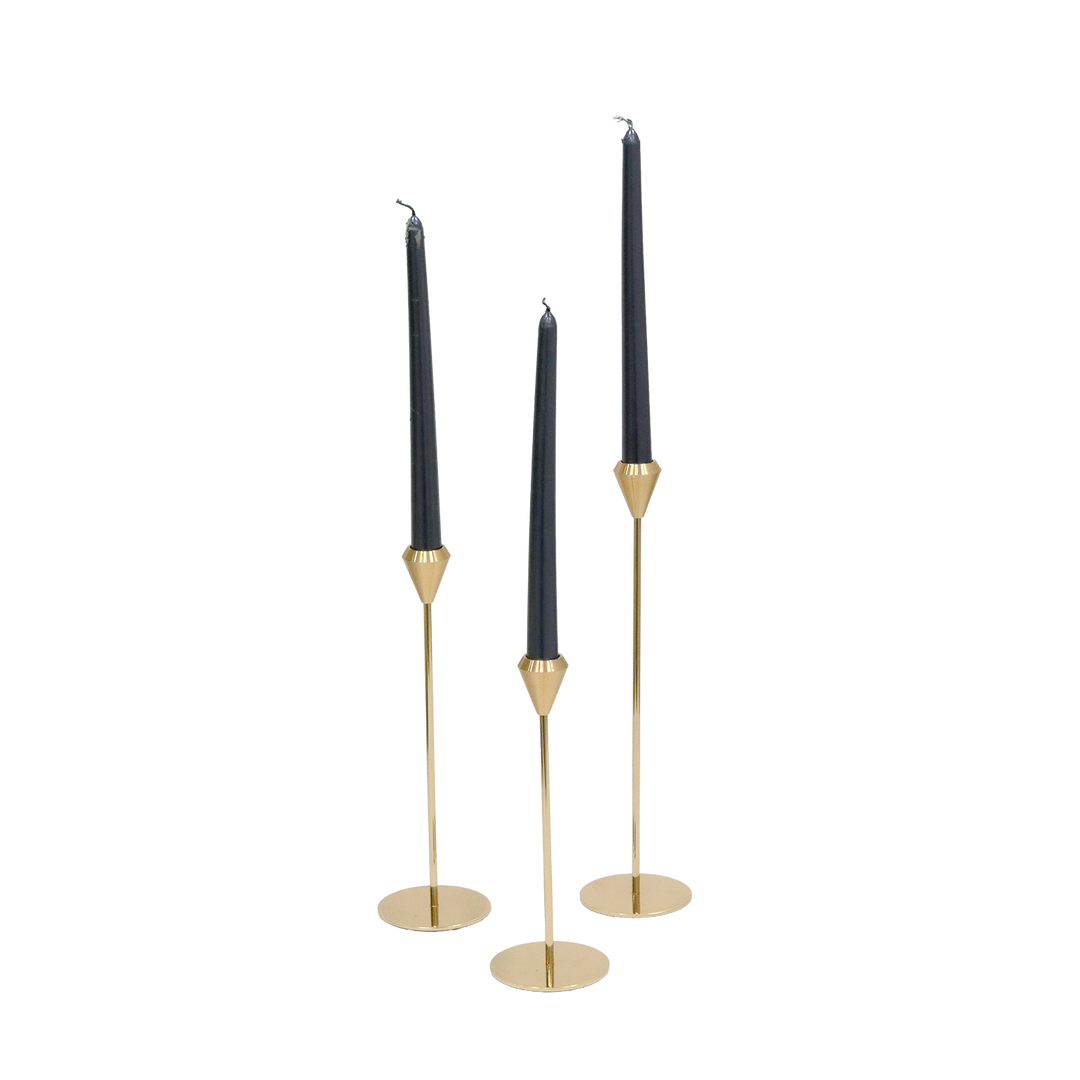 Set 3 portes bougie en métal doré + 12 bougies noir