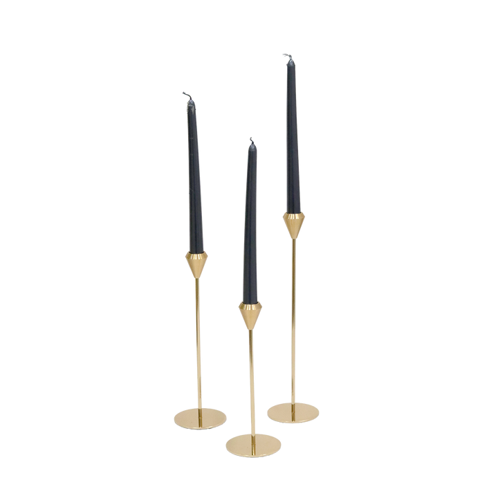Set 3 portes bougie en métal doré + 12 bougies noir