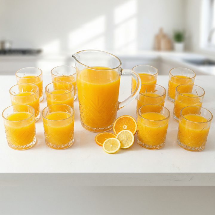 Set carafe en verre 1,4L + 12 verres à eau/jus 345ML