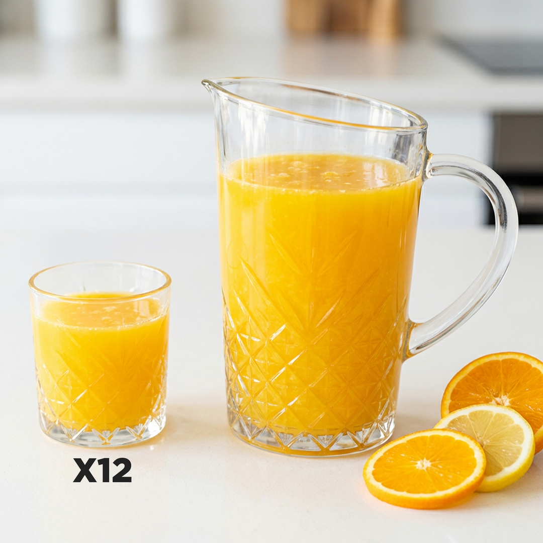Set carafe en verre 1,4L + 12 verres à eau/jus 345ML