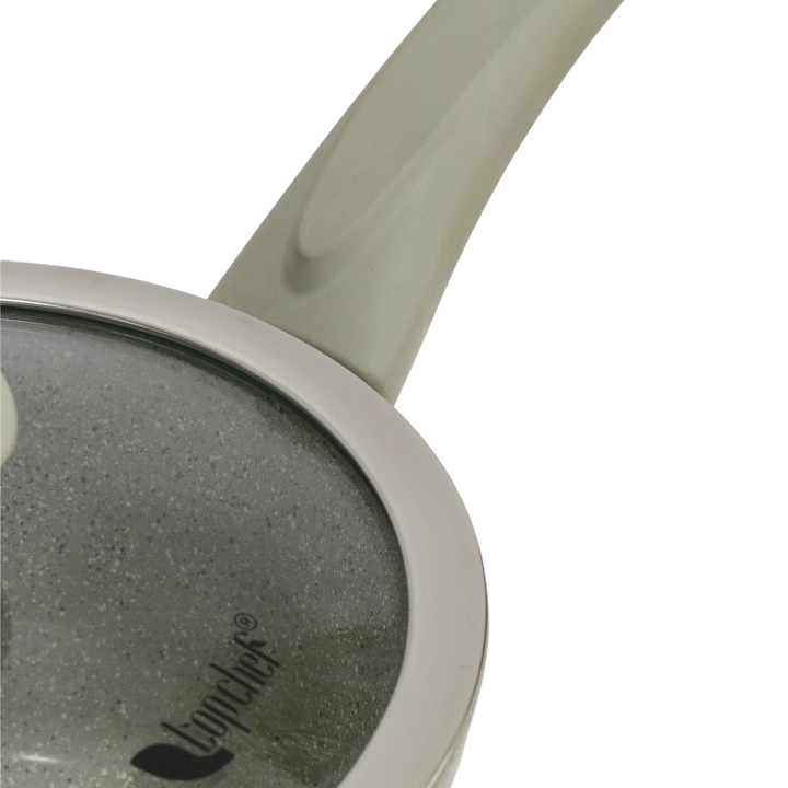 Casserole beige en granite avec couvercle en verre 18cm