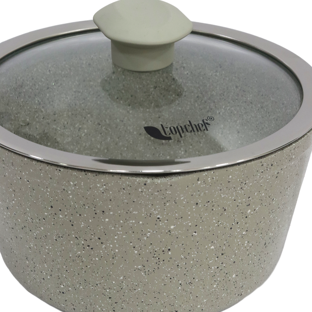 Casserole beige en granite avec couvercle en verre 18cm