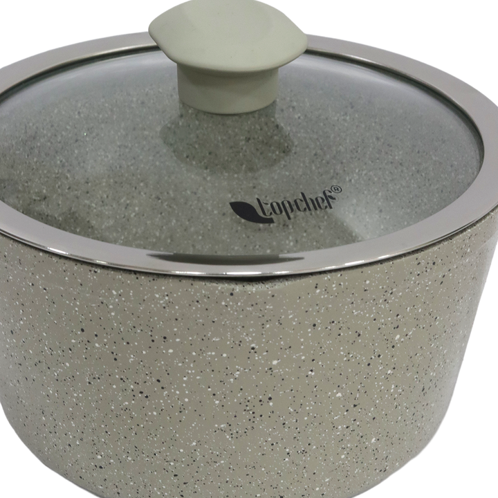 Casserole beige en granite avec couvercle en verre 18cm
