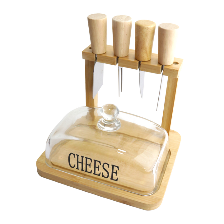 Planche à fromage en bois avec couvercle en verre 18x16cm + 4 couteaux